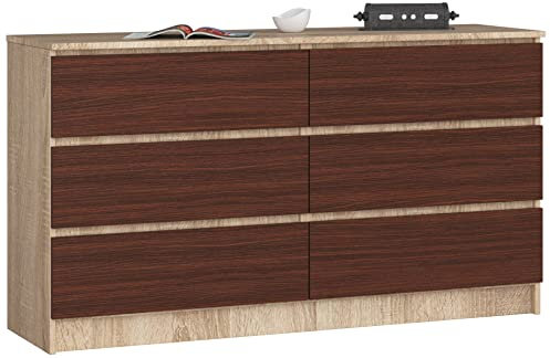 AKORD Kommode K-140 mit 6 (2 x 3) Schubladen | für das Wohnzimmer Schlafzimmer Schrank Büro Arbeitszimmer | Modernes Funktionales Design | B138 x H77 x T40 cm, Gewicht 51kg | Sonoma Eiche/Wenge