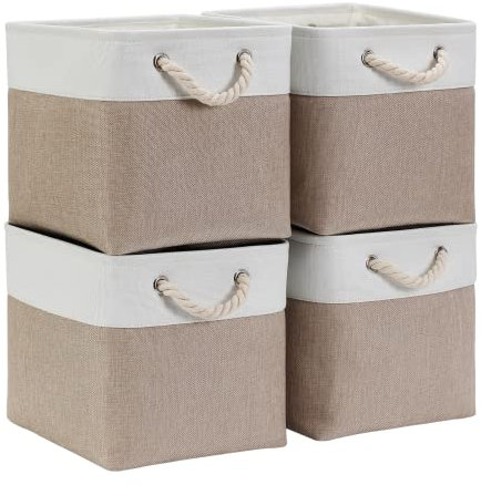 Mangata Cube Storage Boxes 30x30x30cm, Fabric Storage Basket for Cupboards, Shelves, Closet, Light Khaki White (Collapsible, 4 Pack)