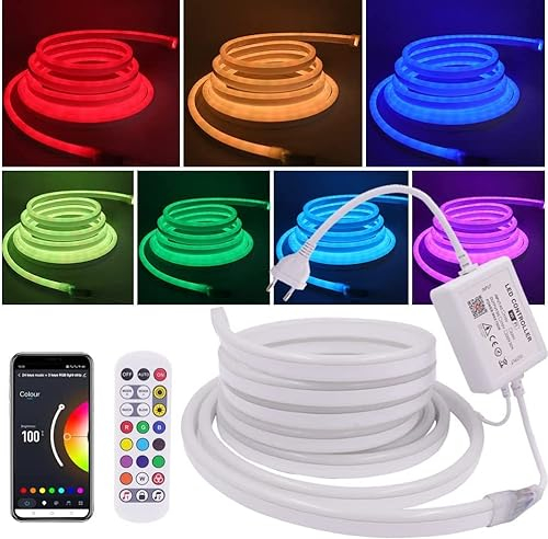 XUNATA 25M WiFi 220V Neon LED Streifen, IR Fernbedienung Wifi Wireless Smart Phone Gesteuert, SMD 5050 IP67 Wasserdicht Diffusion Silikon Neon Flex LED Schlauch, Kompatibel mit Alexa Google Assistant