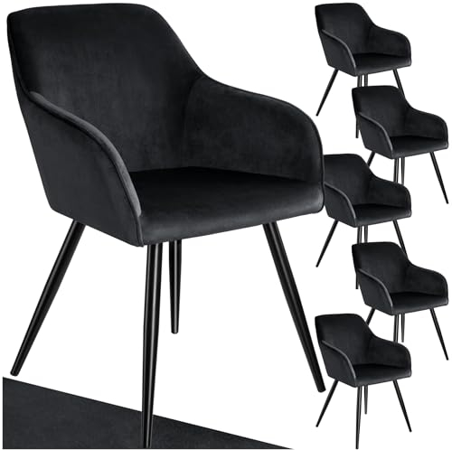 tectake 6er Set moderner Esszimmer Stuhl, Sitzfläche aus Samt, Armlehnstuhl, Sessel Wohnzimmer, gepolsterter Office Chair mit schwarzen Metallbeinen, Schminktisch Stuhl - schwarz