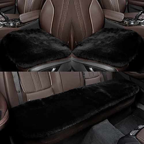 IRIWOOL Auto-Kissen aus Schaffell (Vordersitzkissen 2 Stück und Rücksitzkissen, 1 Stück, schwarz)