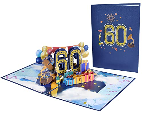 3D Pop-Up Karte 60. Geburtstag oder 60. Hochzeitstag – Elegante Karte mit Trompete, Schallplatte und für Jubiläum, Hochzeit, Geburtstagsfeier, für Eltern, Großeltern, Partner, Freund