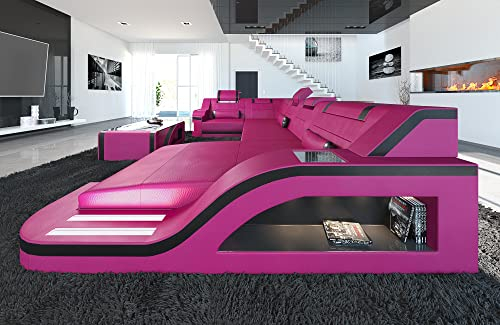 Wohnlandschaft Palermo Sofa U Form Ledersofa - mit LED Beleuchtung, verstellbare Kopfstützen, Recamiere/Lederfarben wählbar/Ausrichtung wählbar (Ottomane rechts, Pink-Schwarz)
