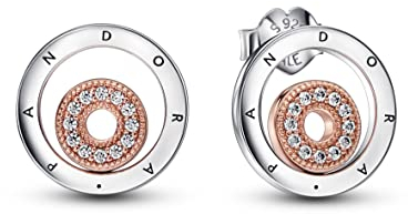 PANDORA Signature Bicolor Logo Kreise Ohrringe aus Sterling-Silber und rosévergoldeter Metalllegierung - Größe: 12,4 mm H/B, 282314C01