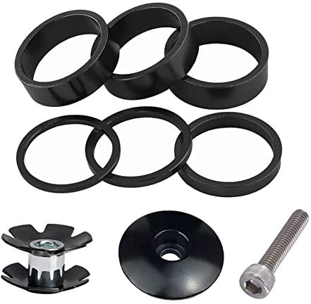 Saipe 9PCS Aluminium Alloy Bicycle Headset Spacer 1-1/8 inch 28.6mm Bicycle Front Fork Stem Spacers Kit 2mm, 3mm, 5mm, 10mm with Stem Top Cap, Long Bolt, Headset Star Nut for MTB BMX Road Bike (Black)