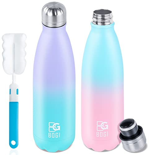 BOGI 2 Pack Insulated Water Bottle - 750ml Stainless Steel, Leakproof Metal Bottle Keep Drink Hot & Cold for Girls Kids With Cleaning Brush (Spink+PMint)