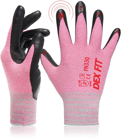 DEX FIT Gants de travail FN330, Adaptation 3D Confortable et Extensible, Agrippants, Revêtement en Mousse de Nitrile Durable, Smart Touch, Fins et Légers, Lavables, Rose 6 (XS) 3 Paires