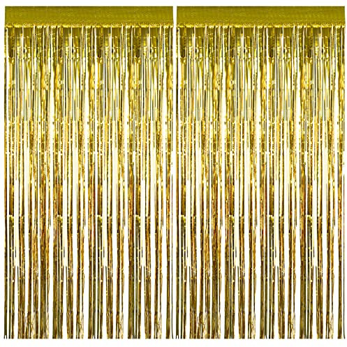 2Pcs 3.3ft x 8.2ft Tinsel Foil Curtains, Gold Metallic Foil Fringe Curtains, Backdrop Curtain Streamers for Baby Shower Birthday Bridal Shower Wedding Holiday Halloween Christmas