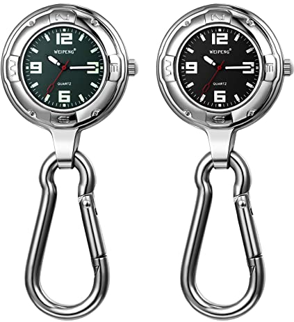 JewelryWe 2pcs Karabineruhr Taschenuhr mit Karabiner Schlüsselanhänger große Schnalle Analog Quarz Uhr für Ärzte Krankenschwestern Sanitäter Köche Schwarz/Grün