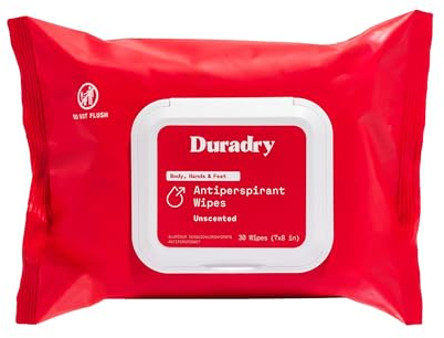 Duradry Antiperspirant Wipes - Maximum Strength, Antiperspirant for Hands & Feet, Deodorizing Sweat Wipes, Talc-Free, Blocks Sweat & Odor, Dermatologist Recommended - Unscented, 1-Pack
