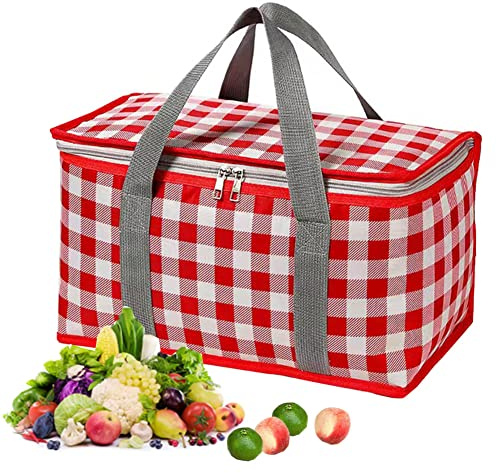 Insulated Picnic Cooler Bag with Zippered Top - Keeps Hot or Cold, Perfect for Picnics, Beach, Food Delivery, Outdoor (13.8x7.9x7.9 in) (Red)