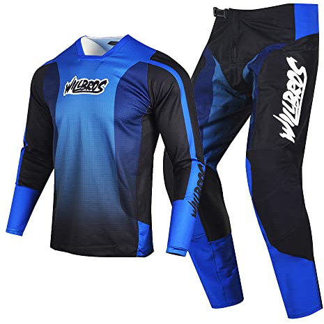 Willbros Motocross Jersey and Hosen Combo Erwachsener Offroad Reiten Anzug MX Getriebe Set Dirt Bike Schwarz Blau (Jersey M Hosen 32)