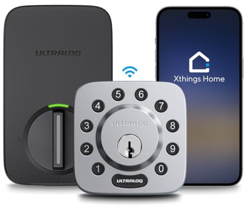 ULTRALOQ U-Bolt Serrure intelligente WiFi avec capteur de porte, serrure intelligente 7 en 1 WiFi à pêne dormant, télécommande par application, sans hub, déverrouillage automatique, installation