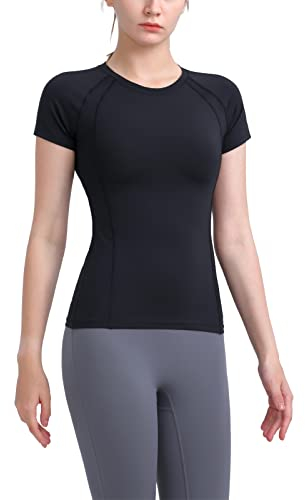 Damen Sport Tshirt Yoga T-Shirt Damen Tailliertes Tshirt Gym Kurzarm Shirt Laufshirt Tops eng anliegendes Tshirt Damen Atmungsaktiv Stretch Funktionsshirt Rundhals Leicht Tshirt