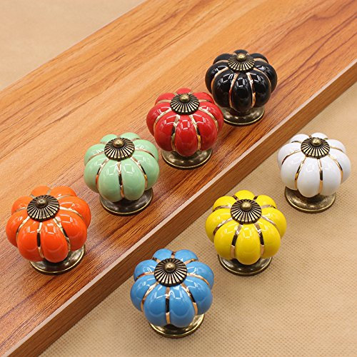 HUAMULAN 7PCS Mixed Color Ceramic Knobs Cabinet Drawer Pumpkin Shape Glazed Cupboard Dresser Pull Handle DIY Decor Kitchen Furniture Door Kids Room