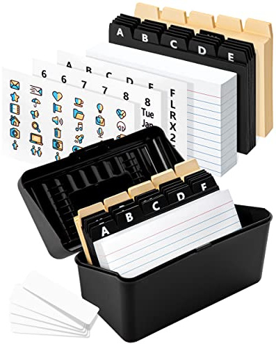 OFFILICIOUS Karteikartenhalter, 10,2 x 15,2 cm, Schwarz – Karteikartenbox mit Trennblättern, linierten Karten und Aufklebern – Karteikarten-Organizer, Notizkartenhalter, Rezeptkarten-Aufbewahrungsbox