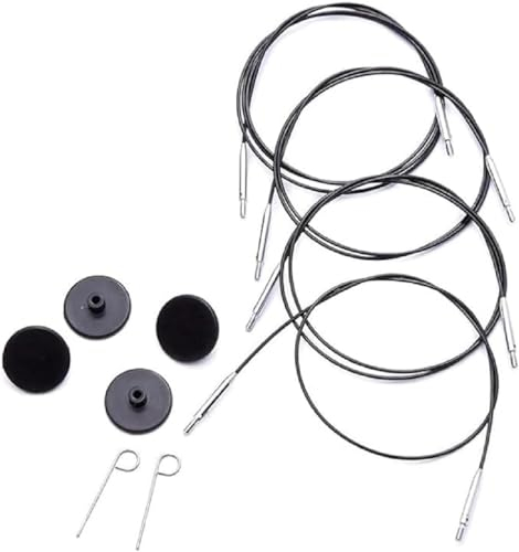 KnitPro - KnitPro Acciaio Inox Nero/Argento Cavo Fisso Intercambiabile per Ago da 100cm con Cappucci Terminali e Chiave Cavo - 1 Set