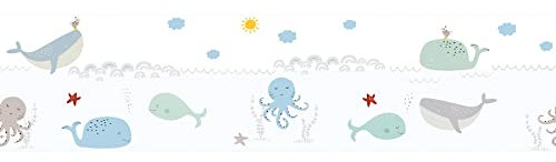 BRICOFLOR Frise papier peint animaux poissons Frise papier peint bord de mer Frise papier peint bleu pour décorer une chambre d'enfant, 403759