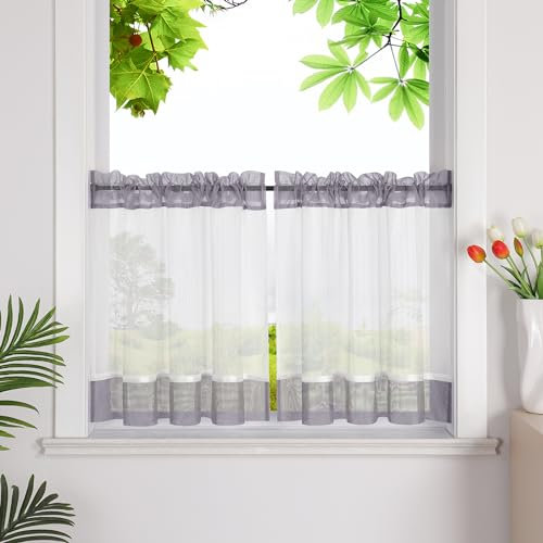 HeichkelL Scheibengardinen mit Streifen Küche Kurzstores Leinenoptik Bistrogardine Kleinfenster Gardine Grau mit Tunnelzug HxB 90x110cm 1 Stück