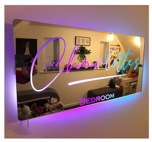 SEVSO Personalisierter Namensspiegel mit LED-Licht, individuelles Spiegel-Namensschild, personalisierter leuchtender Namensspiegel, farbwechselnder Lichtspiegel, wandmontierte Namens-Neonschilder