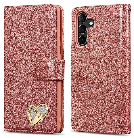 QLTYPRI Samsung Galaxy A55 5G Hülle, Glitzer Handyhülle PU Ledertasche Handschlaufe Kartenfach mit Eingelegten Herz Diamond Schutzhülle für Samsung Galaxy A55 5G - Roségold