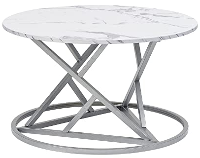 Liink1Ga Marmor Couchtisch Weiß Rund Marmor Tisch für Wohnzimmer, Modern Couch Beistelltisch Sofatisch Rund mit Silbernem Rahmen und Platte in Marmoroptik(Kunstmarmor)