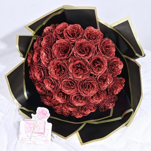 Waipfaru Bouquet di rose glitterate, bouquet di fiori finti fai da te, regali di compleanno per donne e mamme, 36 rose rosse per nonna, moglie, fidanzata, San Valentino, festa della mamma
