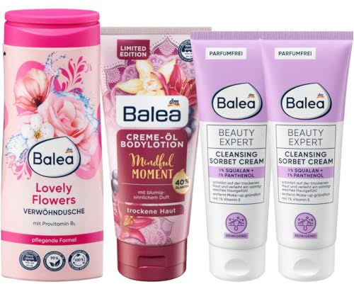 Balea Hautpflege 4er-Set: Duschgel LOVELY FLOWERS Kirschblüte & Rose (300 ml) + Creme-Öl Bodylotion MINDFUL MOMENT (200 ml) + Reinigungscreme Beauty Expert CLEANSING SORBET CREAM (2 x 125 ml), 750 ml