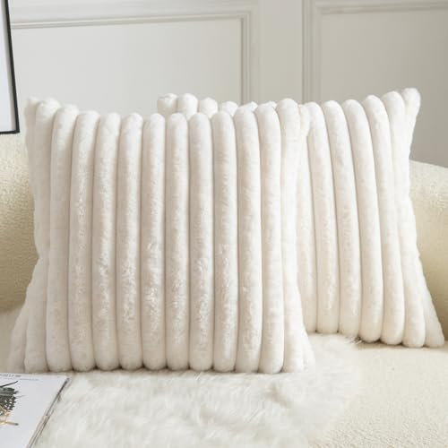 Mandioo 2er Set Kissenbezug gestreiftes Künstlich Pelz Superweich Kissen Flauschig Modern Kissenhülle Deko Sofa Wohnzimmer Schlafzimmer Kissenbezüge 45 x 45 cm Cremeweiß