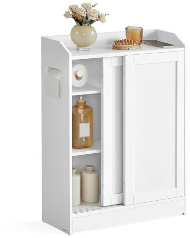 VASAGLE Narrow Storage Cabinet, Slim Floor Cabinet with Sliding Doors, Toilet Paper Holder and Brush Compartment, for Bathroom and Living Room, 7.9 x 23.6 x 31.5 Inches, Cloud White UBBC752W01