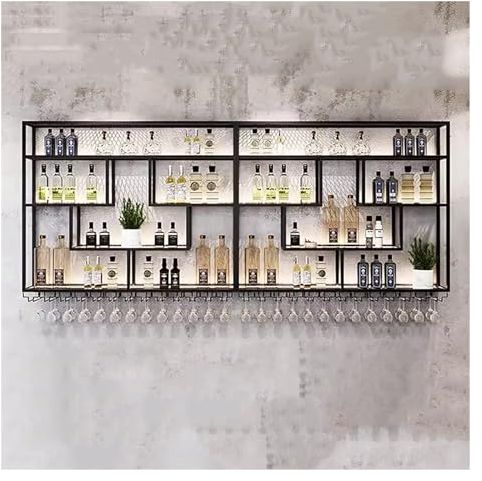 Portabottiglie Vino Da Parete Con Luce LED,Porta Bottiglie Di Vino Con Portabicchieri Da Vino Sospeso,Cantinetta Portabottiglie,Scaffale Vino,Grande Portabottiglie Industriale Nero ( Color : Black , S