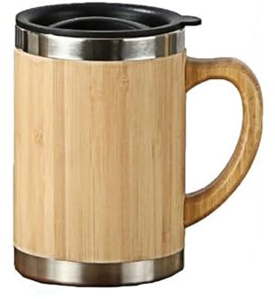 Bamboo Coffee Mug, Stainless Steel Bamboo Travel Mug with Handle, Bamboo Insulated Water Bottle, Wooden Coffee Tea Mug for Home Office