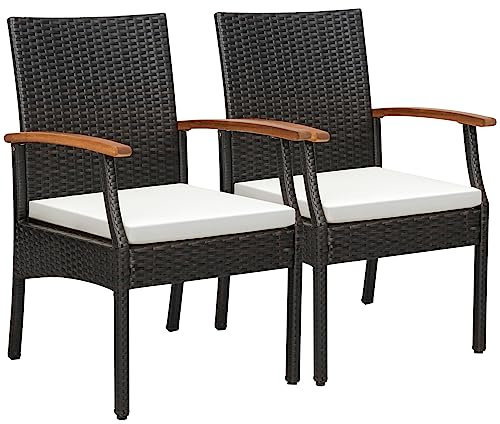 GYMAX 2er Set Gartenstühle, Rattenstuhl mit ergonomischer Rücklehne & Armlehne aus Akazienholz, Balkonstuhl mit bequemem Sitzkissen, Essstuhl für Balkon & Garten & Pool
