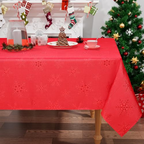 smiry Tischdecke Weihnachten Abwaschbar 130x160 cm Rot mit Schneeflocken Jacquard Weihnachtstischdecke Wasserabweisend Lottusffekt Tischtuch Fleckschutz für Küche Party Deko