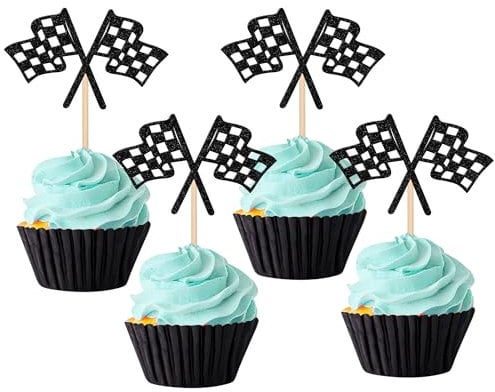 SYKYCTCY 24 Pack Checkered Racing Flag Cupcake Toppers Black Glitter Race Car Finish Line Checkered Flag Cupcake Picks for Race Car Flags Theme Baby Shower Birthday Party Cupcake Decorations Supplies