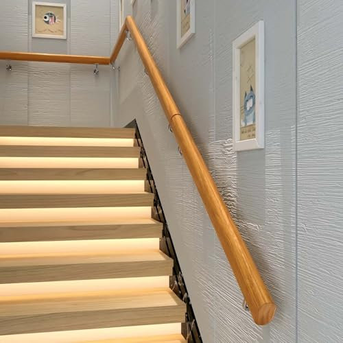 pykaaiiu Handlauf Holz Innen Treppengeländer Handlauf Geländer Treppe mit Edelstahlhalter rutschfest Massivholz Handläufe Handlauf Eiche Rund Wandhandlauf(450cm)