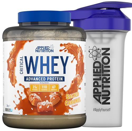 Applied Nutrition Critical Whey Protein Powder 2kg + Plastic Shaker - High Protein Powder, Muscle Building Supplement with BCAAs & Glutamine (2kg - 61 Servings) (Salted Caramel)