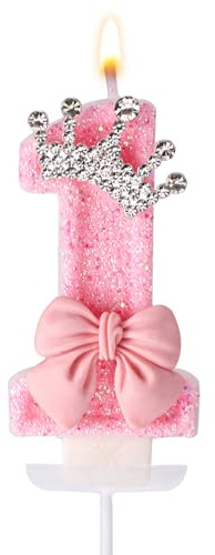 Pink 1st Birthday Candle, Bow Crown First Birthday Decoration Wax Elegant Number 1 Candle One Cake Decoration for Girls Party Anniversary