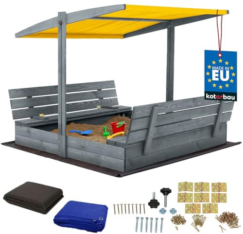 KOTARBAU® Sandkasten mit Abdeckung 140 x 140 cm Großer Grau Holzsandkasten mit Gelb Dach Sandkasten mit Deckel Sandkasten mit Dach Gartenspielzeug Kinder imprägniert verschließbar mit Bänken
