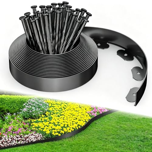 Bordure de Jardin Flexible 5cm x 10m - Plastique Robuste Anti-UV avec 30 Piquets Renforcés Inoxydables, Bordure Jardin sans Creuser pour Parterres, Herbe, Cour, Allées - Noir