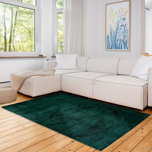 Astra Einfarbiger Teppich Wohnzimmer, Schlafzimmer - Kuscheliges Flachgewebe für Innen - Sehr großer Kurzflorteppich weich - Teppich Dunkelgrün, 200x280cm