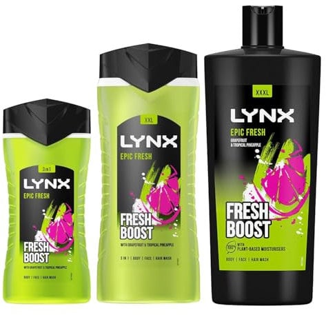 Lynx Epic Fresh Shower Gel 3 Pack Bundle of 225ml, 500ml & 700ml Body Wash with Long-Lasting Citrus Scent for All-Day Freshness