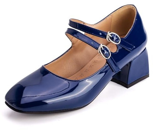 Qynthra Scarpe Mary Jane con Doppia Fibbia in Pelle Verniciata per Donna Punta Quadrata Tacco Basso a Blocco Spesso per Ufficio e Pendolarismo