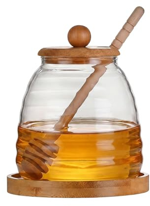 QUUPY Bocal à miel en verre de 473,4 g avec cuillère et couvercle en bambou à large ouverture pour café, bar, maison, cuisine