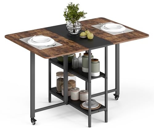 Mondeer Mobiler Klappbarer Esstisch, Klapptisch mit 2 Offenen Ablagen für Kleine Räume Esszimmer Küche, 120 x 80 x 75 cm, Rustikales Braun und Schwarz