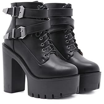 HFWXYSA Stivali Donna con Tacco Alto E Plateau Tacco Largo Stringati Stivaletti Plateau Stivaletti con Cerniera E Fibbia,Nero,37 EU