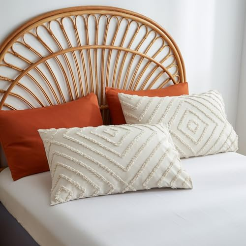 Freyamy Kissenbezug 40x80 2er Set Beige Getuftet Boho Kopfkissenbezug | Stickerei Shabby Chic Kissenbezüge Aesthetic, Böhmen Kissenhülle, Microfaser ÖKO-TEX Kissenbezug mit Reißverschluss