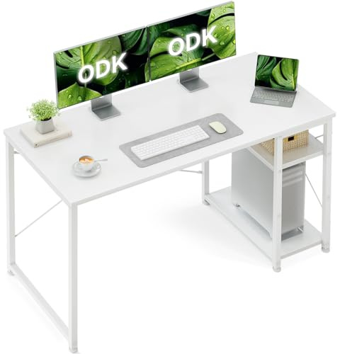 ODK Desk with Storage Shelves, Small Computer Desk, 120 x 48 cm, White | Office Desk with Adjustable Shelves,Reversible Study Work Desk for Home Office, Simple Assembly, Modern Style in Small Space