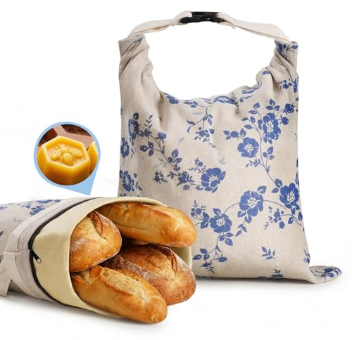 YARRAMATE Beeswax Bread Bags for Homemade Sourdough, Blue Floral Zipper Reusable Linen Food Storage Bags to Keep Loaf Fresh, Large Freezer Safe and Eco Friendly Bread Containers (17x13, 2 Pack)