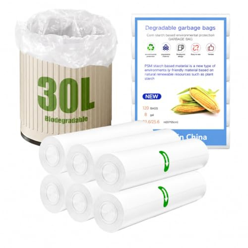 NARYVORA 120 Pièces Sac Poubelle Biodégradables 30L, 6 Rollen 60x65cm Sacs Poubelle, 8 Gal Ultra Résistant Trash Bag pour Cuisine, Maison, Bureau, Blanc